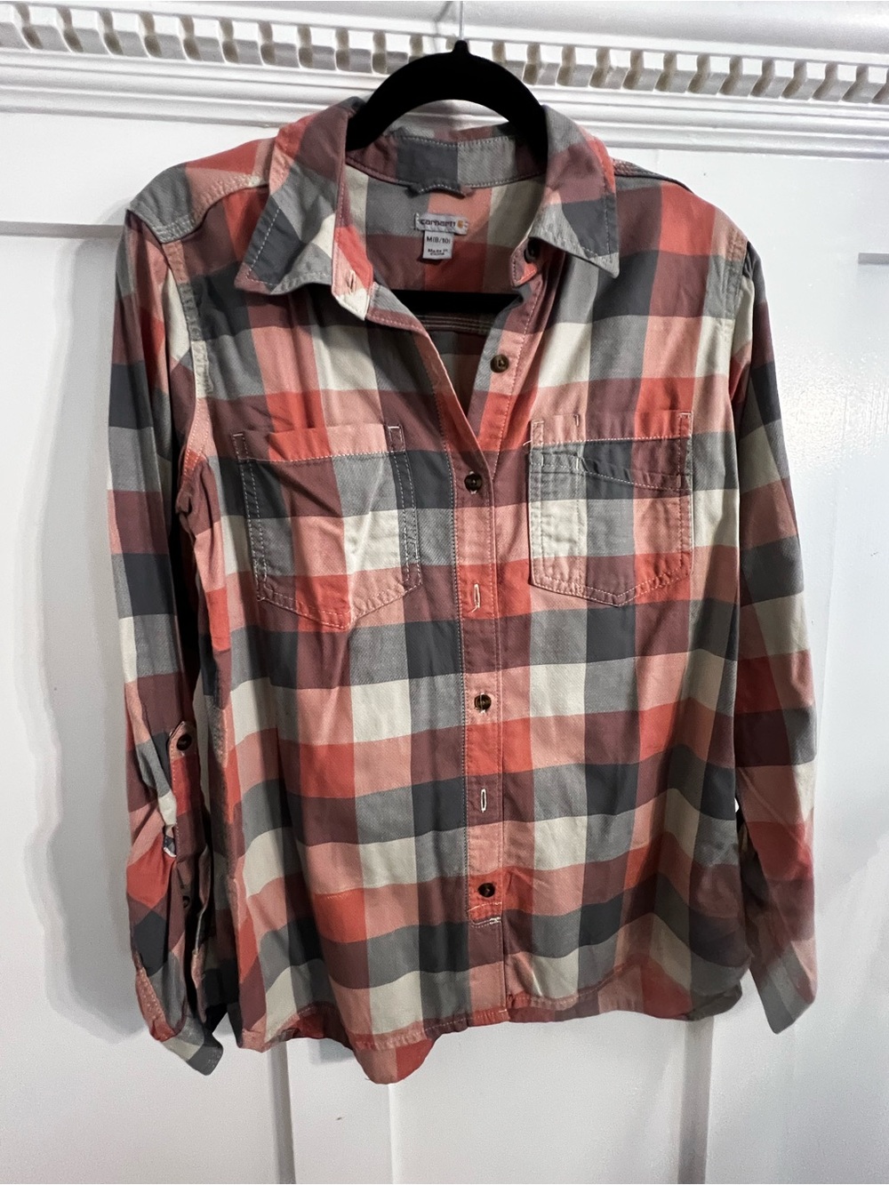 Women’s Fairview Carhartt button up down shirt medium size m pink check plaid